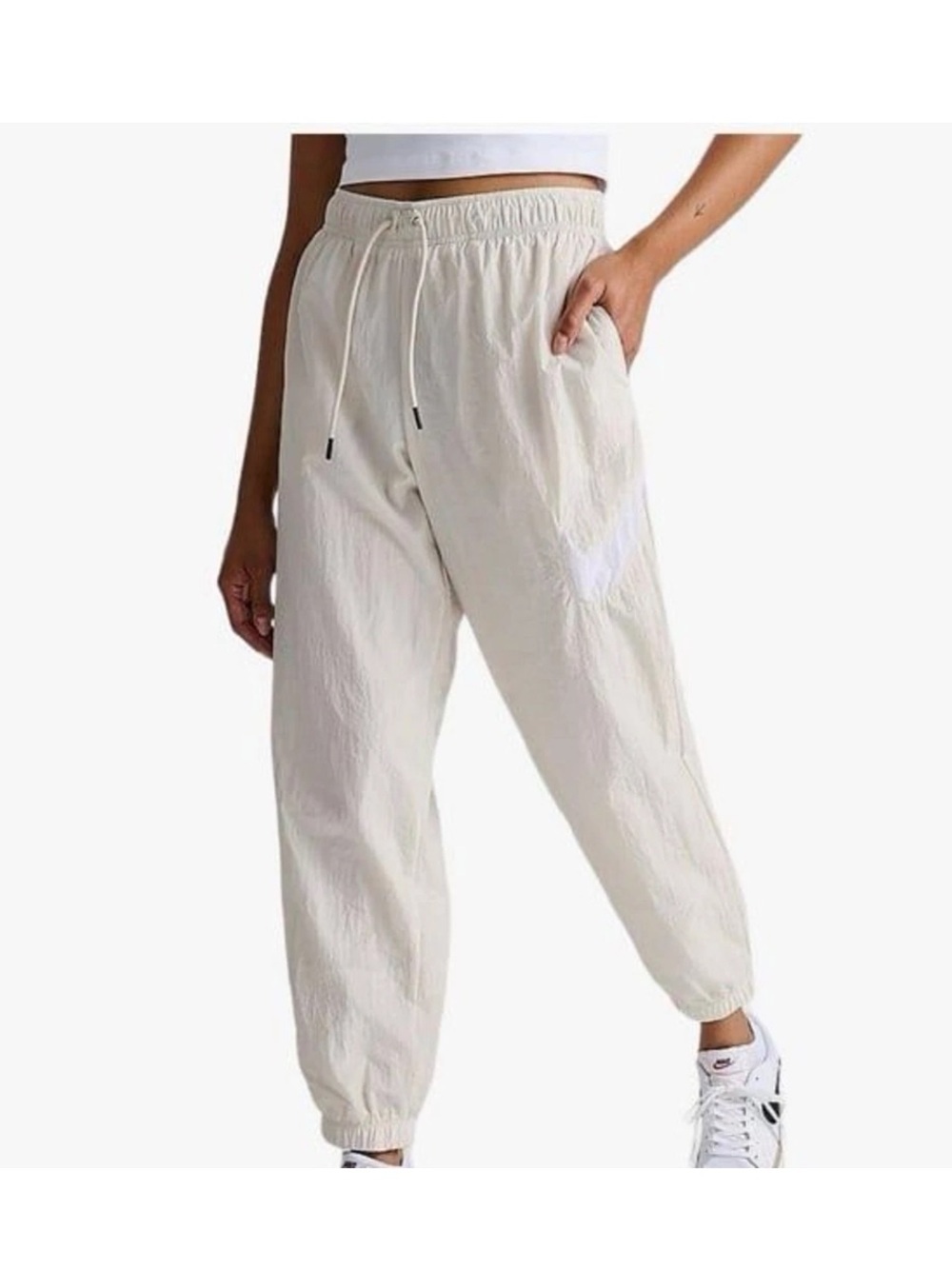 Nike Womens Loose Fit Mid Rise Cream & White Windbreaker Joggers Size Large